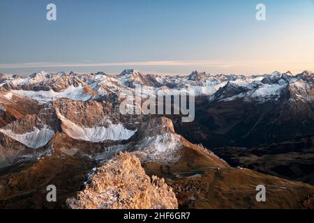 Wild mountain landscape with snow-capped peaks after sunset between Warth and Lech. Lechtal Alps and Lechquellen Mountains dominated by the Verwall. Tyrol,  Vorarlberg,  Austria,  Europe Stock Photo