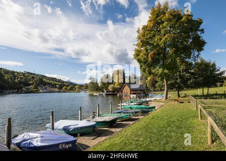 Boat landing stage at the fishing port on Lake Millstatt near Klingerpark,  Seeboden,  Carinthia,  Austria,  Europe Stock Photo