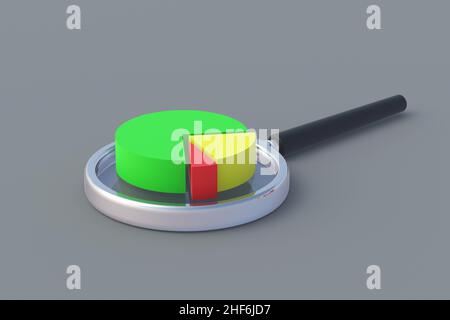 Pie graph on magnifier. Market analysis concept. Business analytics. Profit growth and decline report. Accounting. Statistics indicators. Budget resea Stock Photo