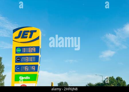 Durham, UK - 23rd August 2019: Jet Petrol and diesel gas station, advertising display unit showing the cost of the fuel. Rising fuel price concept Stock Photo