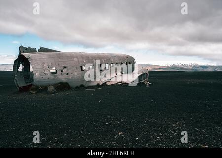 Airplane wreck,  Sólheimasandur Plane Wreck,  lava beach,  Douglas C-117D,  US Navy,  Iceland Stock Photo