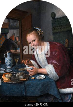 Jan Steen. Girl Eating Oysters by the Dutch Golden Age artist, Jan Havickszoon Steen (c. 1626-1679), oil on panel, c. 1658-60 Stock Photo