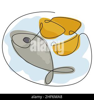 fish and chips on a plate on white background. Continuous line doodle illustration. Colorful sketch. Stock Vector