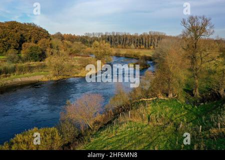 Datteln,  North Rhine-Westphalia,  Germany,  Lippe,  river and floodplain development of the Lippe near Haus Vogelsang,  a near-natural river landscape was created here,  an intact river floodplain ecosystem restored with flood protection through newly designed flooding areas. Stock Photo