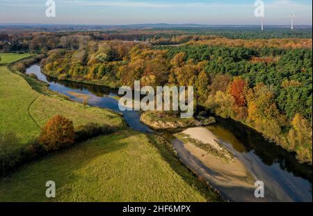 Datteln,  North Rhine-Westphalia,  Germany,  Lippe,  river and floodplain development of the Lippe near Haus Vogelsang,  a near-natural river landscape was created here,  an intact river floodplain ecosystem restored with flood protection through newly designed flooding areas. Stock Photo