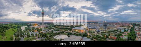 Birds eye view over the Olympic Park in Munich,  Bavaria made by a DJI Mavic Pro drone. Stock Photo