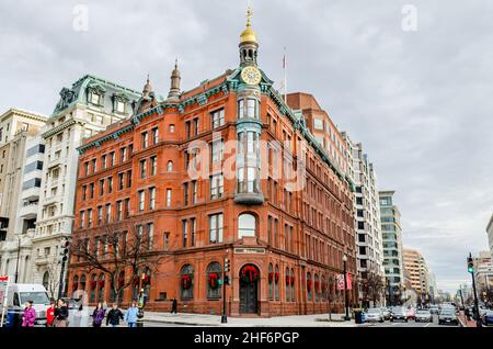 Historic Suntrust Bank Red Brick Building with the Clock Tower in Washington DC, VA, USA Stock Photo