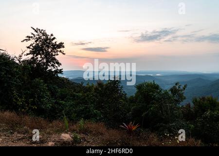 Magnificent view of sunset from Shri Siddhanath Temple in Borim, Ponda, Goa. Zuari river can be seen at a distance. Stock Photo