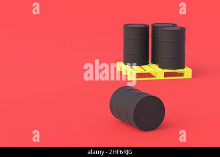 Barrels stacked on pallet on red background. Concept of carriage. Crude oil transportation. Trade in liquid flammable substances. Wholesale purchases Stock Photo