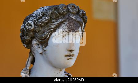 Greece,  Greek islands,  Ionian islands,  Corfu,  Achilleion,  residence Empress Sissis,  built in 1889,  architecture based on Greek mythology,  terraces,  marble head of one of the nine muses,  half profile, Stock Photo