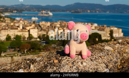 Greece,  Greek Islands,  Ionian Islands,  Corfu,  Corfu town,  old fortress,  pink plush pig sitting on fortress wall,  Corfu town and harbor out of focus in the background Stock Photo