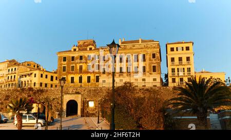 Greece,  Greek islands,  Ionian islands,  Corfu,  Corfu town,  old town,  morning light,  historical building complex on the edge of the old town,  below it tunnel,  in front of it in the middle street lamp,  not switched on Stock Photo