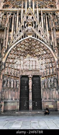 High Gothic main portal of the west facade at Strasbourg Cathedral,  Strasbourg,  Alsace,  France Stock Photo