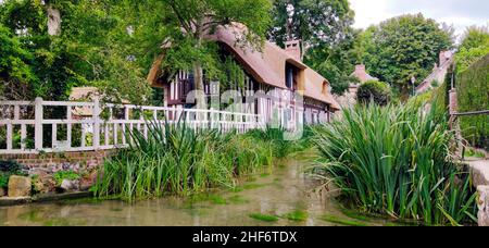 Veules-les-Roses is located on the shortest river in France and is one of the most beautiful villages in Normandy,  Cote d 'Albatre, Stock Photo