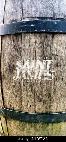old wooden rum barrel 'Saint James' in detail Stock Photo