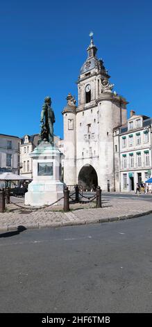 the clock tower is a former city gate in La Rochelle,  France,  Charente-Maritime, Stock Photo