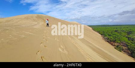 The Dune du Pilat (also Grande Dune du Pilat) on the Atlantic coast near Arcachon (France) is the highest migrating dune in Europe. It has a north-south course and is up to 110 meters high (81 meters according to SRTM data),  500 meters wide,  about 2.7 kilometers long (estimated volume 60 million cubic meters) and lies at the sea opening of the Bassin d ' Arcachon Stock Photo