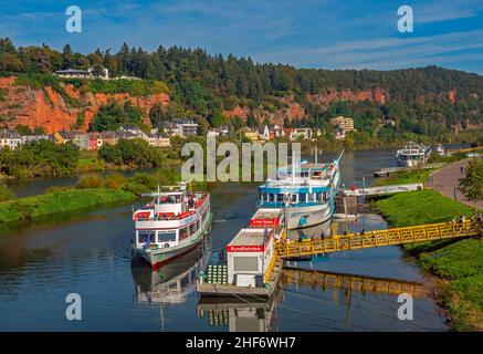 Passenger ships on the Moselle at the Zurlauben pier,  view to Weishaus,  Trier,  Moselle,  Rhineland-Palatinate,  Germany Stock Photo