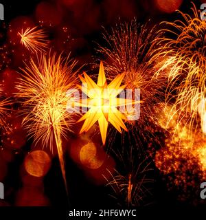 New Years Eve collage with star and fireworks Stock Photo