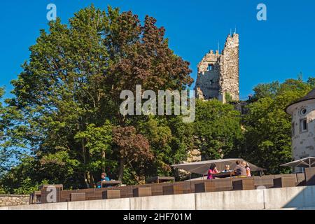 Drachenfels with restaurant and castle ruins,  Koenigswinter,  North Rhine-Westphalia,  Deuts,  North Rhine-Westphalia,  Germany Stock Photo
