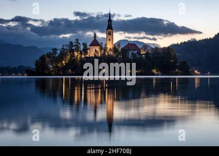 The church at Bled in the early morning. Stock Photo