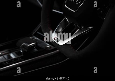A 2020 Audi RSQ8 With Alcantara Multi Function Steering Wheel With Chrome Trim And Audi Badge And Alcantara Steering Wheel Surround And Red Contrast Stock Photo