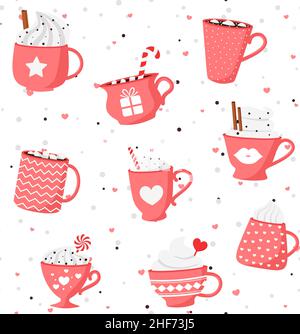 Valentine romantic seamless pattern with Collection of hot drinks with cute cups, mugs, hearts, coffee, cocoa. Eps 10 Stock Vector
