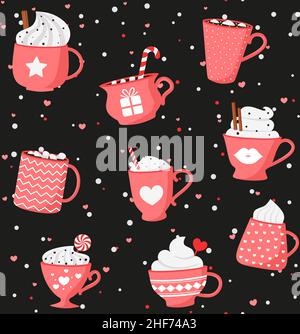 Valentine romantic seamless pattern with Collection of hot drinks with cute cups, mugs, hearts, coffee, cocoa. Eps 10 Stock Vector