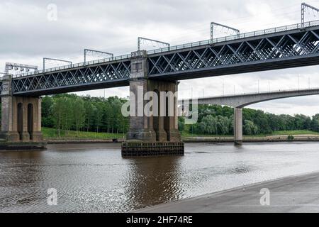 Newcastle, UK - 7 July 2019: King Edward VII Bridge spans the River Tyne between Newcastle and Gateshead. The bridge is Grade II listed structure desc Stock Photo