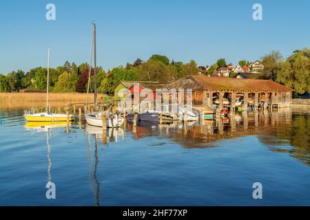 Boat huts on Lake Ammersee,  Schondorf am Ammersee,  Fünfseenland,  Upper Bavaria,  Bavaria,  Southern Germany,  Germany,  Europe Stock Photo