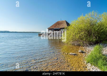 Boat huts in Stegen am Ammersee,  Upper Bavaria,  Bavaria,  Germany Stock Photo