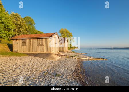 Boathouses on the lake,  Breitbrunn am Ammersee,  Upper Bavaria,  Bavaria,  Germany Stock Photo