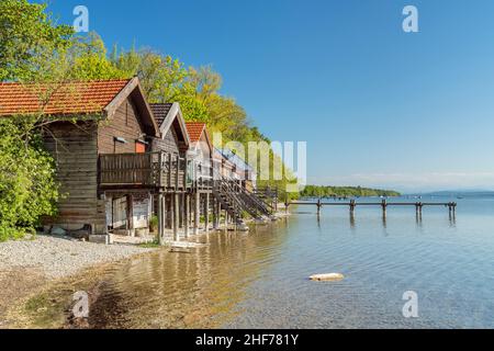 Boat huts in Stegen am Ammersee,  Upper Bavaria,  Bavaria,  Germany Stock Photo