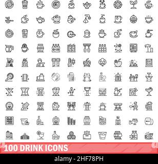 100 drink icons set. Outline illustration of 100 drink icons vector set isolated on white background Stock Vector