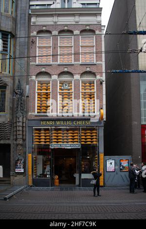 Amsterdam, Holland, The Netherlands - 6th May 2019: The exterior of Henri Willig Cheese - a traditional cheese sop in the city centre of Amsterdam
