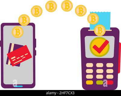 Buying with bitcoins. The concept of a successful business in a flat vector design. Vector illustration of the cryptocurrency concept. Contactless pay Stock Vector