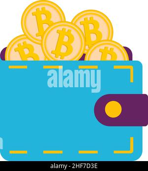 Bitcoin wallet. Vector illustration of a wallet and several bitcoins isolated on a white background. Stock Vector