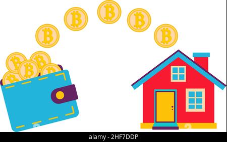 Buy a house for Bitcoin. The future value of the property. Vector concept of digital currency. Measuring Bitcoin equality and illustrating the house. Stock Vector
