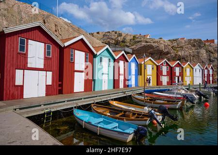 Colorful,  boathouses,  boats,  summer,  Smögenbryggan,  Smögen,  Skagerrak,  Bohuslän,  Västra Götalands län,  Vastra Gotaland,  Sweden Stock Photo