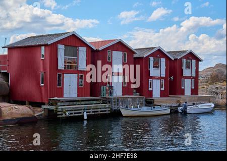 Colorful,  boathouses,  boats,  summer,  Smögenbryggan,  Smögen,  Skagerrak,  Bohuslän,  Västra Götalands län,  Vastra Gotaland,  Sweden Stock Photo