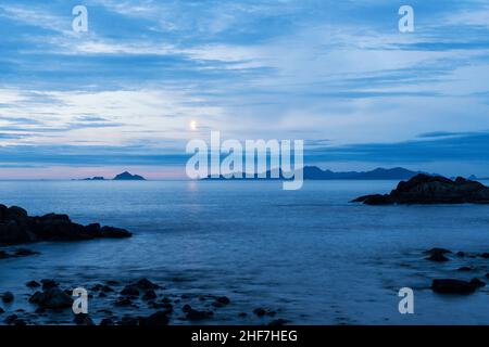 Norway,  Lofoten,  archipelago,  crescent moon,  blue hour Stock Photo