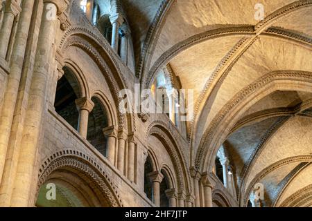 Durham, UK - 28th August 2019: Inside interior Durham Cathedral, England. Church of Christ, Blessed Mary the Virgin and St Cuthbert's of Durham. Gothi