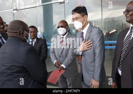 Dar Es Salaam, Tanzania. 14th Jan, 2022. Xu Chen (2nd R), the Minister Counselor in the Chinese Embassy in Tanzania, attends the launch of the civil aviation safety oversight systems project in Dar es Salaam, Tanzania, on Jan. 14, 2022. Tanzanian authorities on Friday launched the enhancement of the civil aviation safety oversight systems project financed by the Chinese government for 1 million U.S. dollars grant. Credit: Herman Emmanuel/Xinhua/Alamy Live News Stock Photo