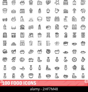 100 food icons set. Outline illustration of 100 food icons vector set isolated on white background Stock Vector