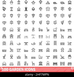 100 garden icons set. Outline illustration of 100 garden icons vector set isolated on white background Stock Vector