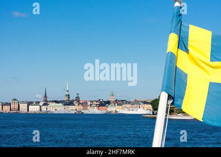 Sweden,  Stockholm,  steamboat trip,  Lake Mälaren,  archipelago,  view of old town,  bleeding Swedish flag Stock Photo