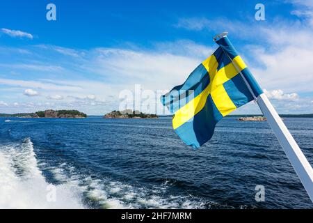 Sweden,  Stockholm,  steamboat trip,  Lake Mälaren,  archipelago,  Swedish flag Stock Photo