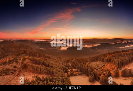 Germany,  Thuringia,  Großbreitenbach,  Wildenspring,  landscape,  forest,  valleys,  mountains,  dawn,  aerial view,  back light Stock Photo