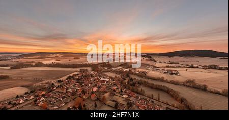 Germany,  Thuringia,  Stadtilm,  district Griesheim,  village,  village church,  Ilm,  fields,  sunrise,  overview,  aerial picture,  back light Stock Photo
