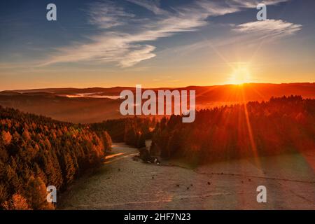 Germany,  Thuringia,  Großbreitenbach,  Wildenspring,  landscape,  forest,  valley,  mountain meadows,  sunrise,  back light Stock Photo